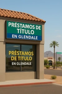 Pre-stamos de título en Glendale sign outside a financial services storefront.