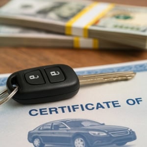 Car key with remote on certificate of title and stacks of cash for title loan collateral, representing financial solutions at Phoenix Title Loans, LLC.
