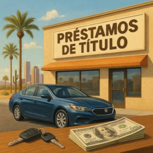 Loan title pawn store in Phoenix Arizona with cash, keys, and car in front.