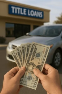 $20 bills held in front of a vehicle outside a title loan store, promoting quick cash with Phoenix Title Loans.