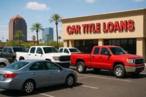 Car title loans storefront in Phoenix, AZ with parking lot and city skyline in background.