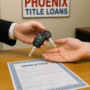 Car keys being handed over in front of a vehicle title document.